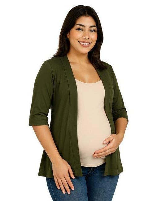 24seven Comfort Apparel Green Maternity Open Front Elbow Length Sleeve Cardigan