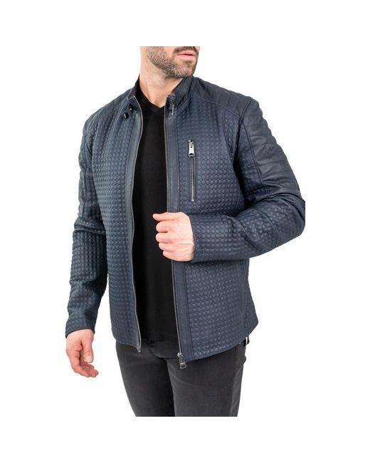 Maceoo Blue Textured Leather Jacket for men