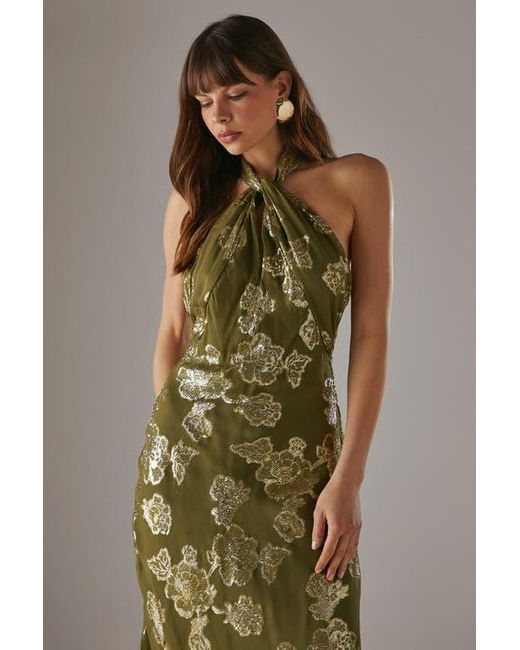 Warehouse Green Metallic Chiffon Wrap Front Midi Dress