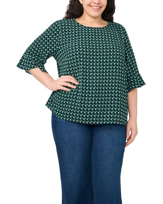 Cece Green Ruffle Cuff Print Top