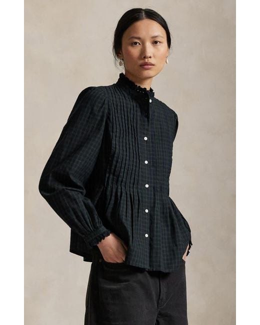 Polo Ralph Lauren Black Plaid Long Sleeve Peplum Button-Up Shirt