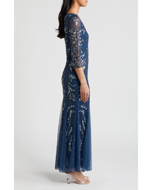 Pisarro Nights Blue Illusion Sleeve Beaded A-line Gown
