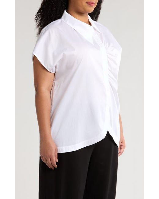 Harshman White Lily Asymmetric Ruched Button-Up Shirt