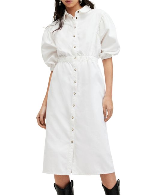 AllSaints White Osa Puff Sleeve Denim Shirtdress