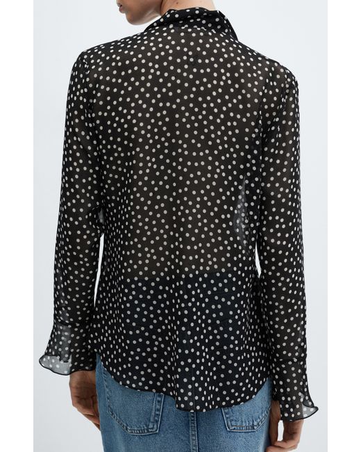 Mango Black Polka Dot Ruffle Semisheer Long Sleeve Shirt
