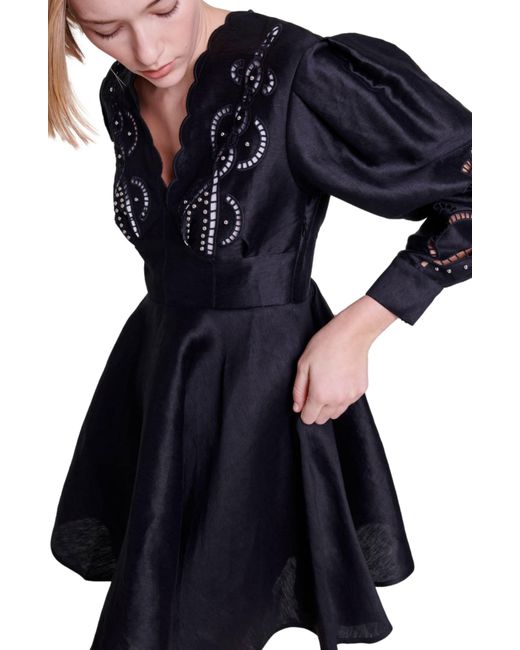 Maje Black Riclint Long Sleeve Fit & Flare Minidress