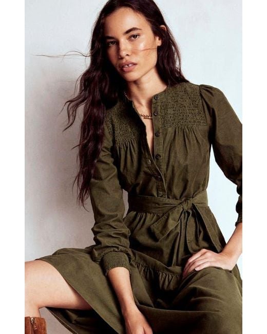 Boden Natural Cecily Belted Long Sleeve Cotton Corduroy Midi Dress