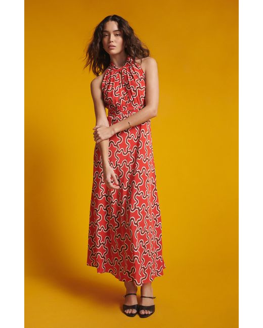 Diane von Furstenberg Red Nyck Abstract Print Halter Neck Midi Dress