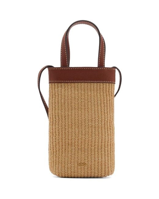 Mango Brown Woven Raffia Crossbody Phone Bag