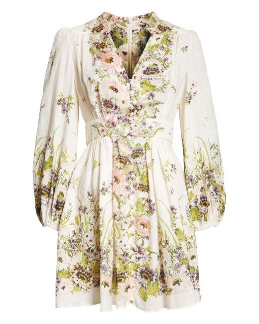 Zimmermann Multicolor Halliday Floral Long Sleeve Linen Minidress