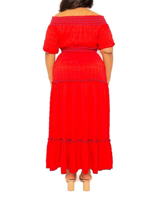 Buxom Couture Red Smocked Off The Shoulder Puff Sleeve Top & Maxi Skirt Set