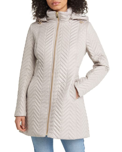 Via Spiga Natural Herringbone Quilted Water Resistant Hooded Jacket