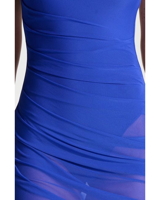 Naked Wardrobe Blue Strapless Shirred Sheer Mesh Body-con Dress