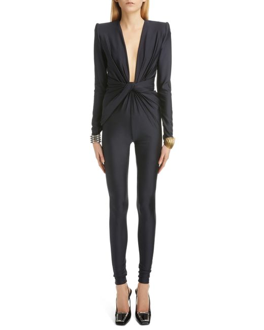 Saint Laurent Synthetic Plunge Neck Long Sleeve Jersey Catsuit in Black ...