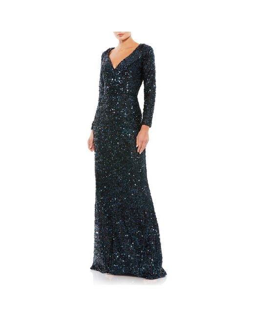Mac Duggal Women's Blue Long Sleeve Sequined Gown