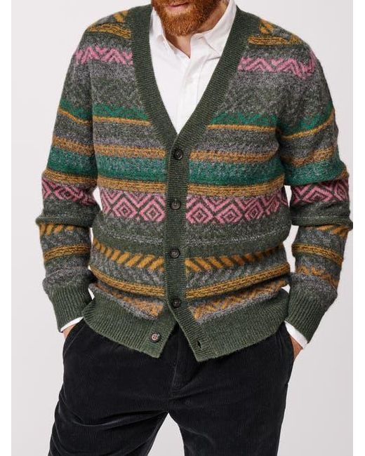 aubi Green Fair Isle Wool Cardigan for men
