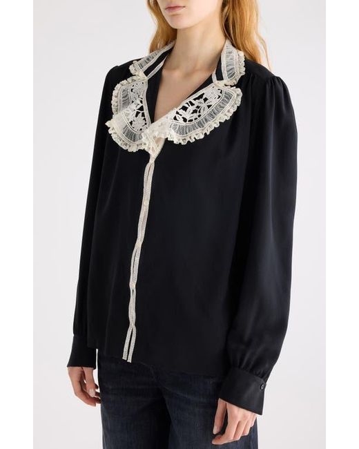 Chloé Black Silk Crêpe De Chine & Lace Ruffle Collar Button-Up Shirt
