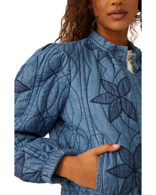 Free People Blue Quinn Quilted Cotton Denim Jacket