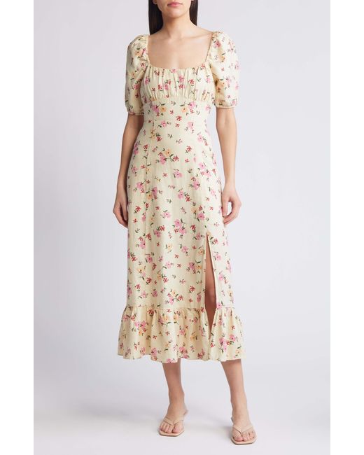 & Other Stories Natural & Floral Puff Sleeve Linen Midi Dress