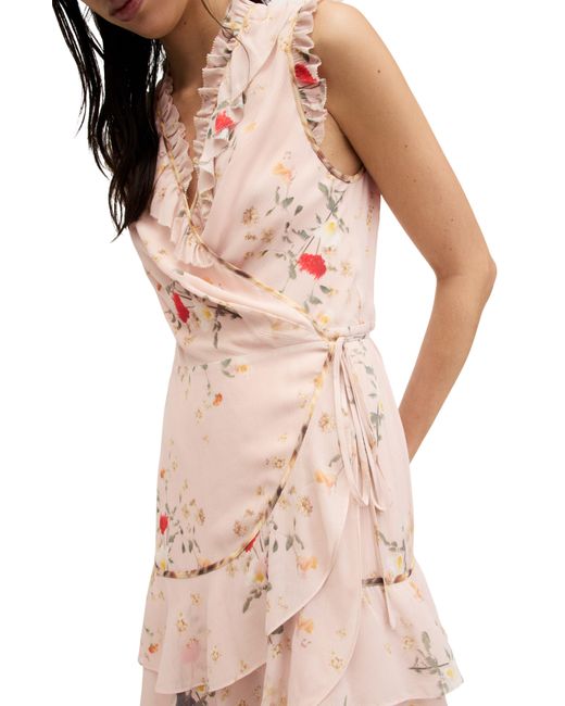 AllSaints Pink Ari Kora Floral Print Wrap Dress