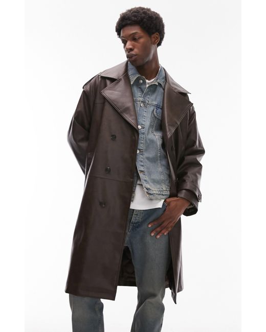 Topman Black Faux Leather Trench Coat for men