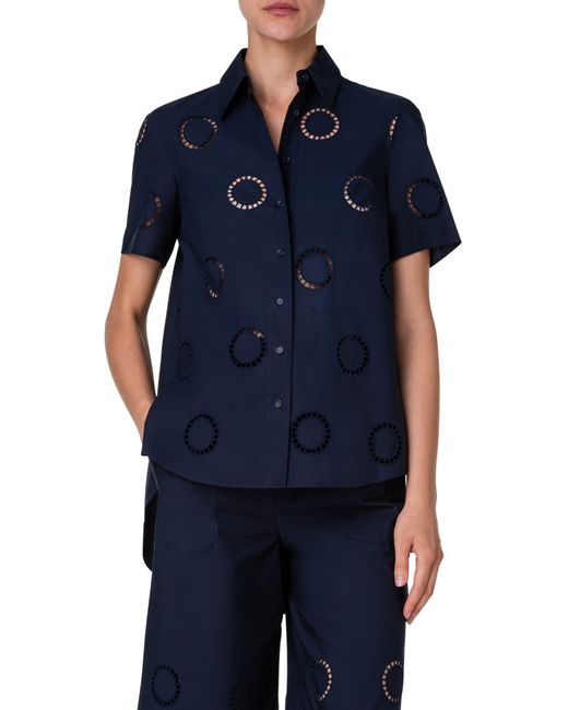Akris Punto Blue Embroidered Eyelet Cotton Button-up Shirt