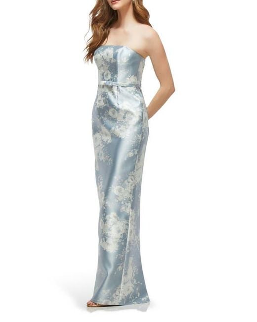 Alfred Sung Blue Floral Strapless Bow Belt Satin Twill Column Gown