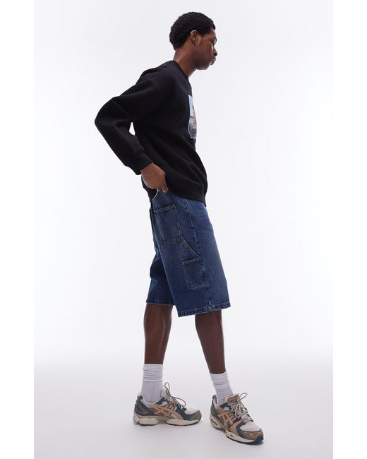 Topman Blue Longline Carpenter Denim Shorts for men