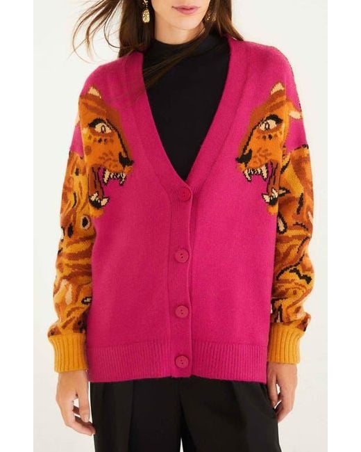 Farm Rio Pink Intarsia Tiger Colorblock Cardigan