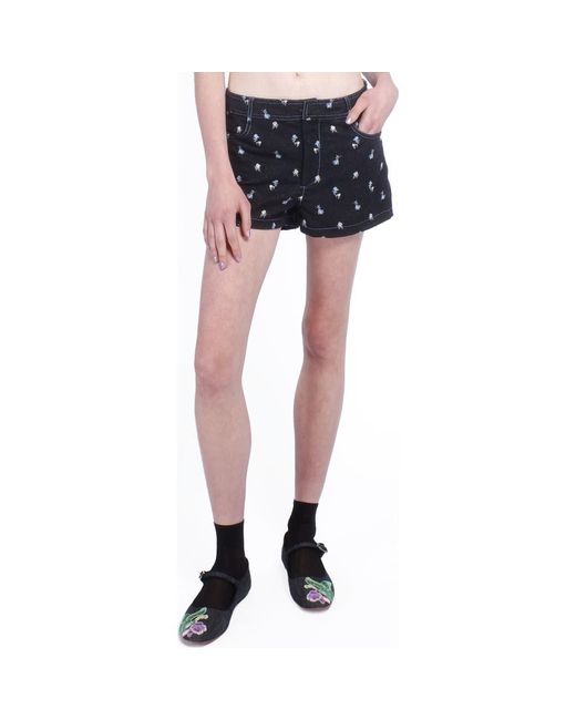 Anna Sui Blue Denim Embroidered Roses Shorts