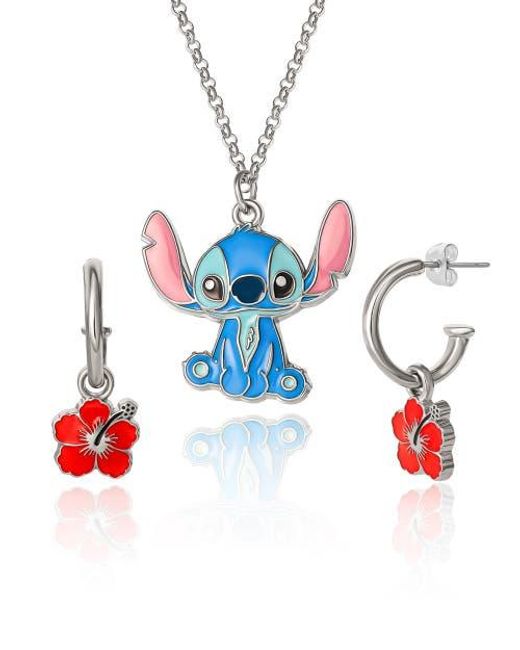 Disney White Lilo & Stitch Jewelry Set, Flower Charm Hoop Earrings, 16+3 Necklace