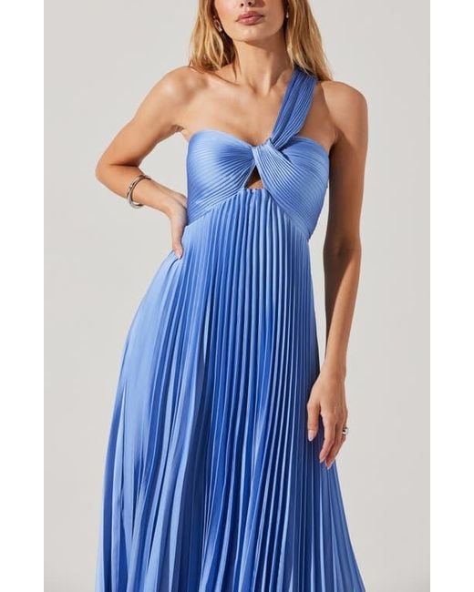 Astr Blue Rasya Pleated One-Shoulder Maxi Dress
