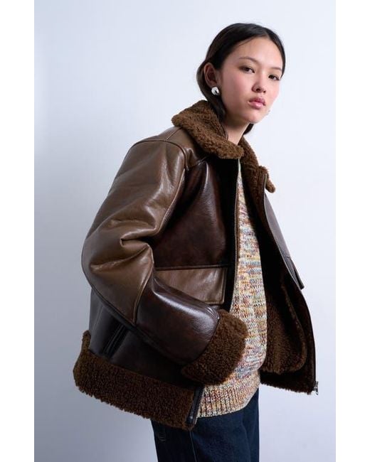 TOPSHOP Brown Faux Shearling & Faux Leather Patchwork Jacket