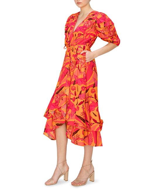 MELLODAY Red Poplin Floral Midi Wrap Dress