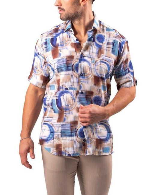 Maceoo Blue Galileo Resistance Abstract Print Short Sleeve Button-Up Shirt for men