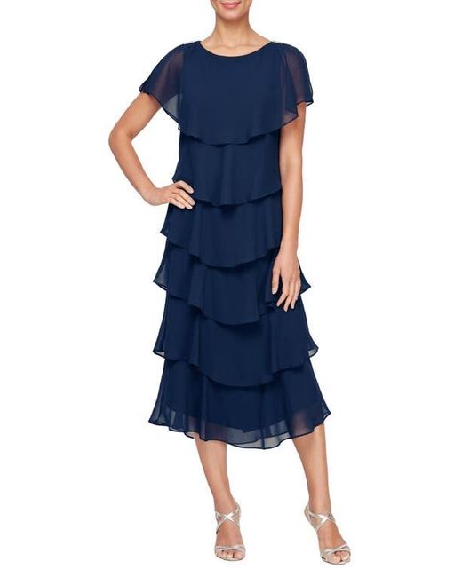 Sl Fashions Women's Blue Tiered Chiffon Midi Dress
