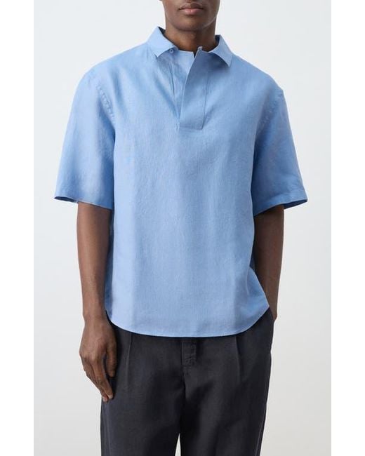 Mango Blue Solid Slub Linen Polo for men