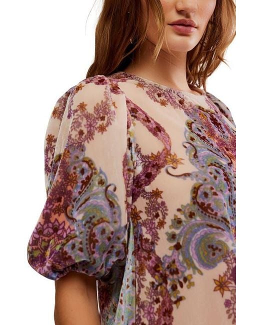 Free People Multicolor Maye Print Puff Sleeve Velvet Tunic Top