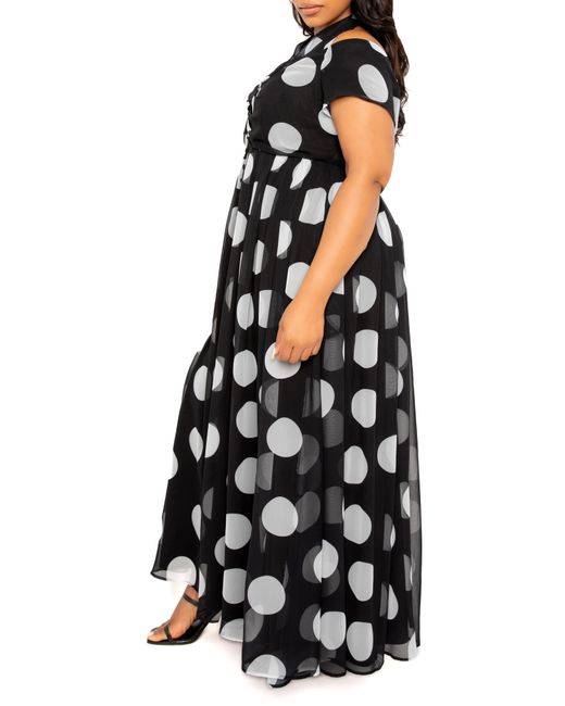 Buxom Couture Black Polka Dot Off The Shoulder Halter Maxi Dress
