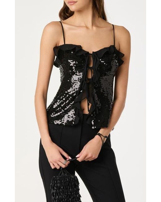 Astr Black Sequin Ruffle Trim Tie Front Top