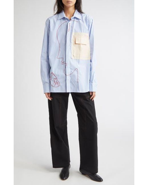 KÚR White I Left My Heart Hand-Embroidered Stripe Button-Up Shirt