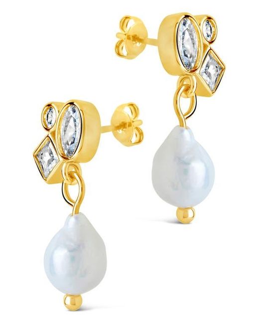 Sterling Forever White Penny Cubic Zirconia Cluster & Freshwater Pearl Drop Earrings