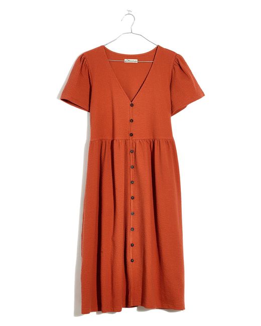 Madewell Orange Seersucker Knit Button Front Midi Dress