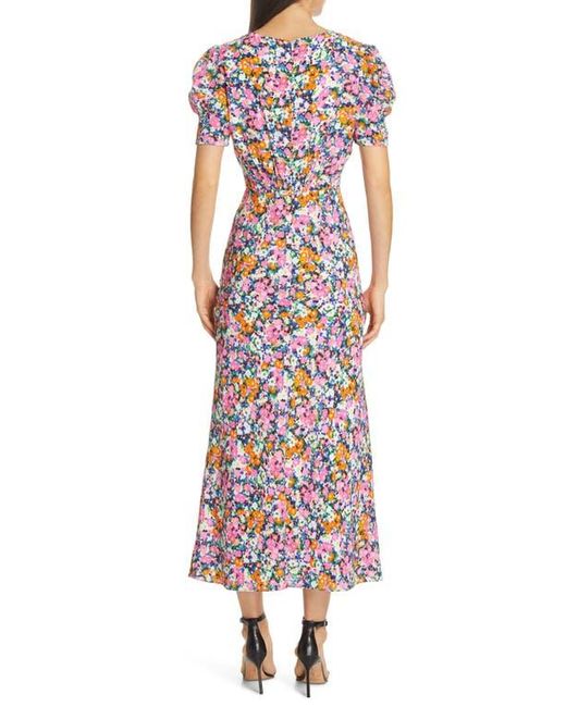 Saloni Red Bianca Puff Sleeve Silk Midi Dress