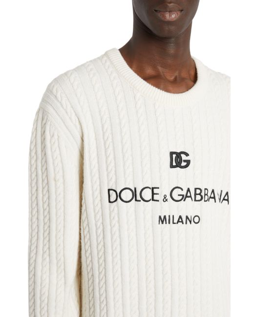 Dolce & Gabbana White Embroidered Logo Cable Knit Virgin Wool Crewneck Sweater for men