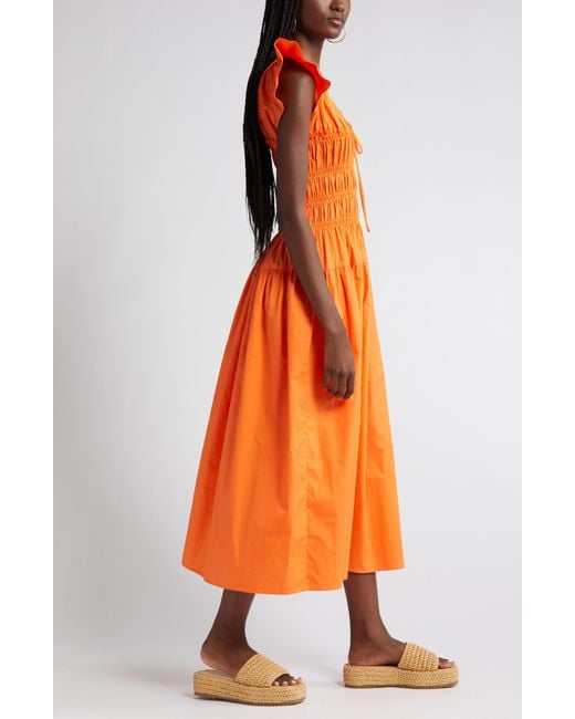 Moon River Orange Smocked Bodice Cotton Midi Dress