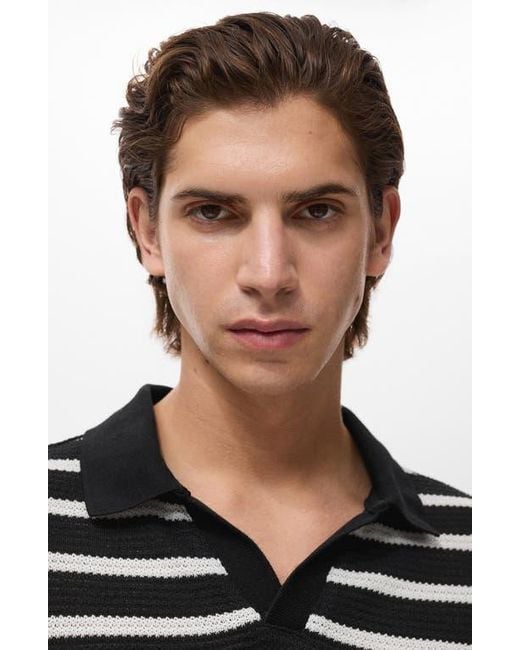 Mango Black Textured Stripe Johnny Collar Polo for men
