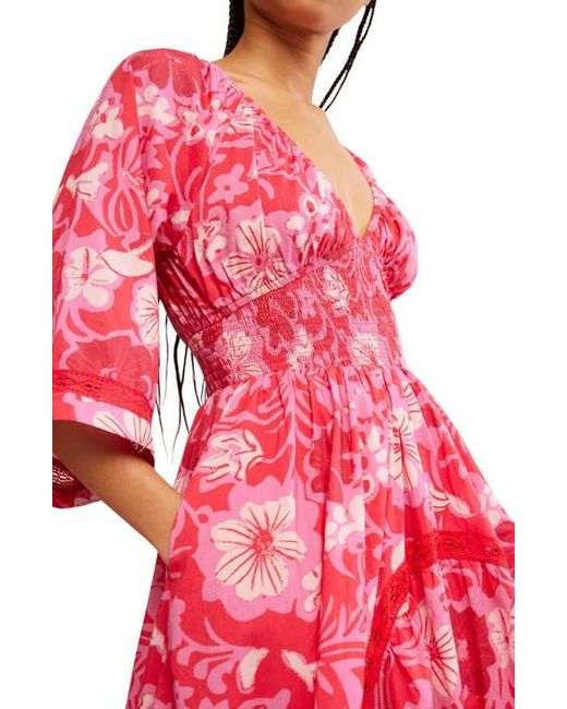 Free People Red Printed Smocked Waist Maxi Dress
