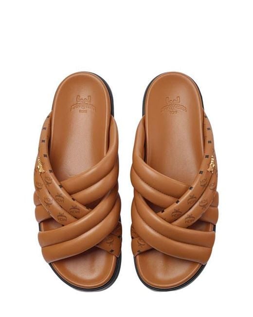 MCM White Monogram Print Cross Sandals for men