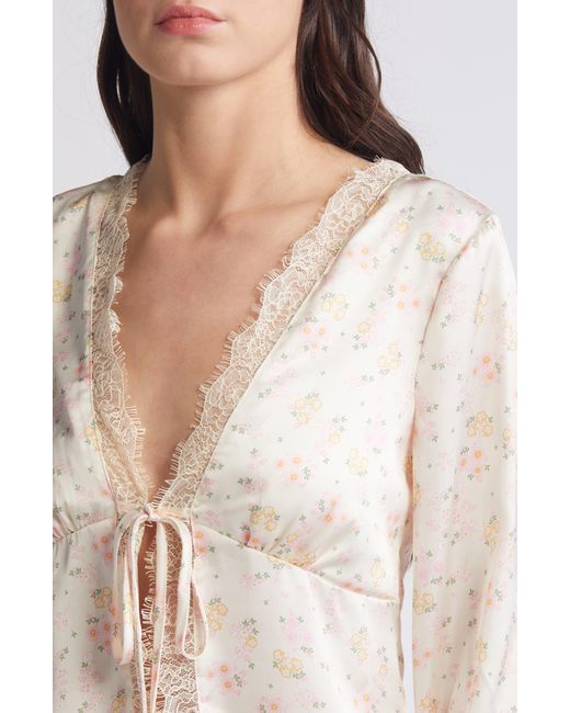 Something New White Sally Floral Tie Front Satin Top